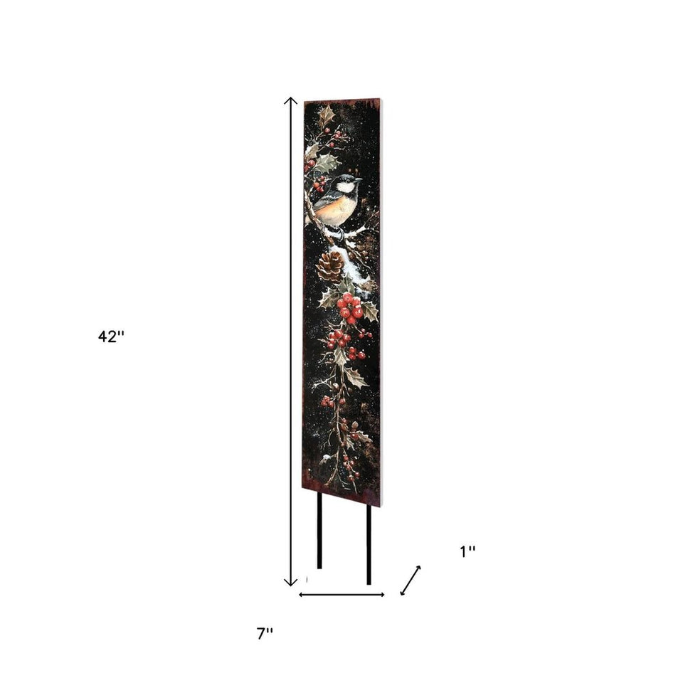 42" Black Red And Green Christmas Chickadee Solid Wood Birds Garden Stake