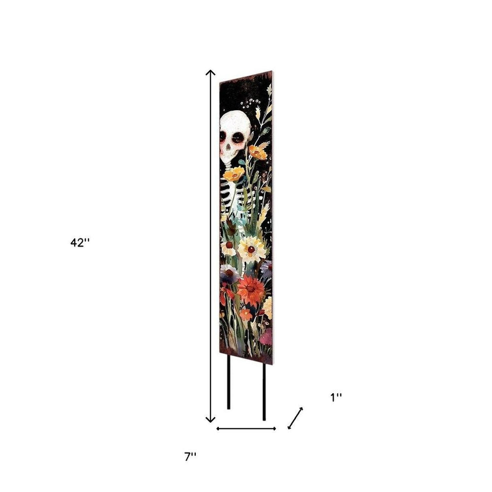 42" Black White And Orange Solid Wood Halloween Skeleton Garden Stake