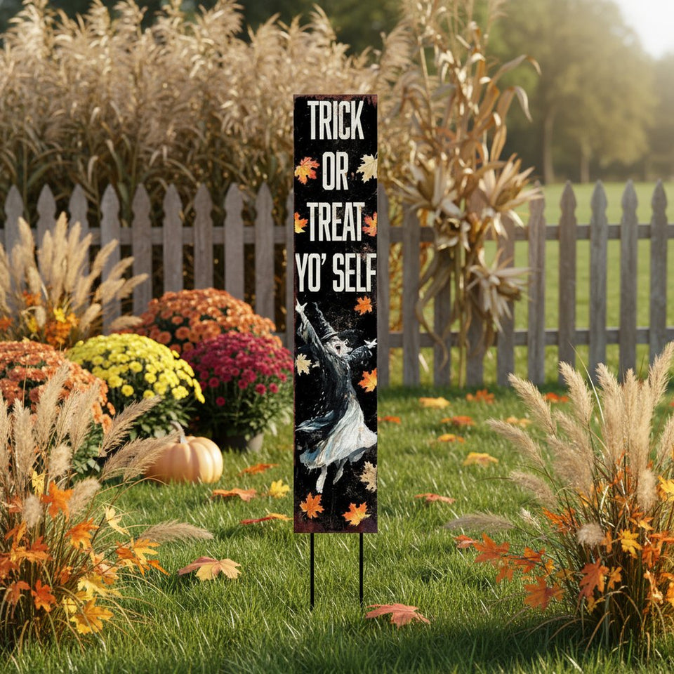 42" Black Orange And White Solid Wood Trick or Treat Halloween Witch Garden Stake