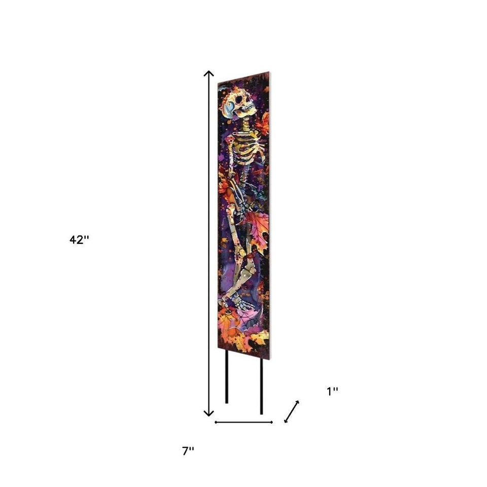 42" Black Red And Purple Solid Wood Halloween Skeleton Garden Stake
