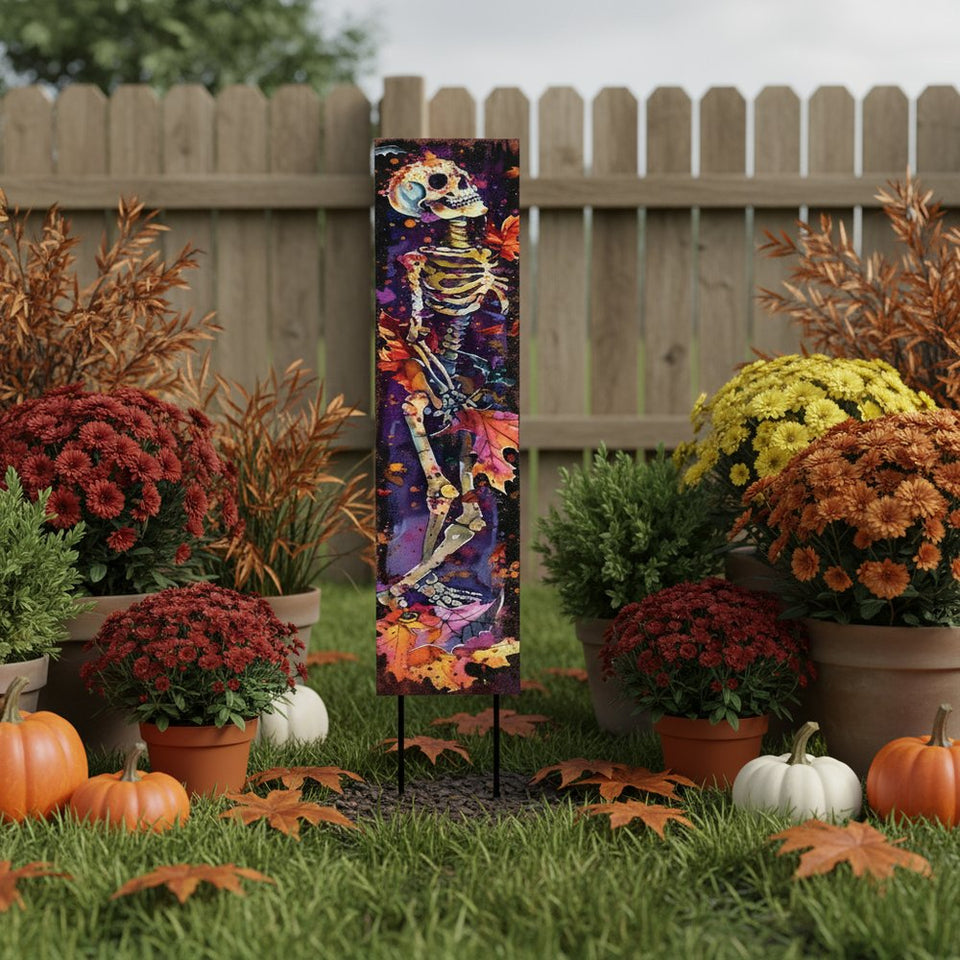 42" Black Red And Purple Solid Wood Halloween Skeleton Garden Stake