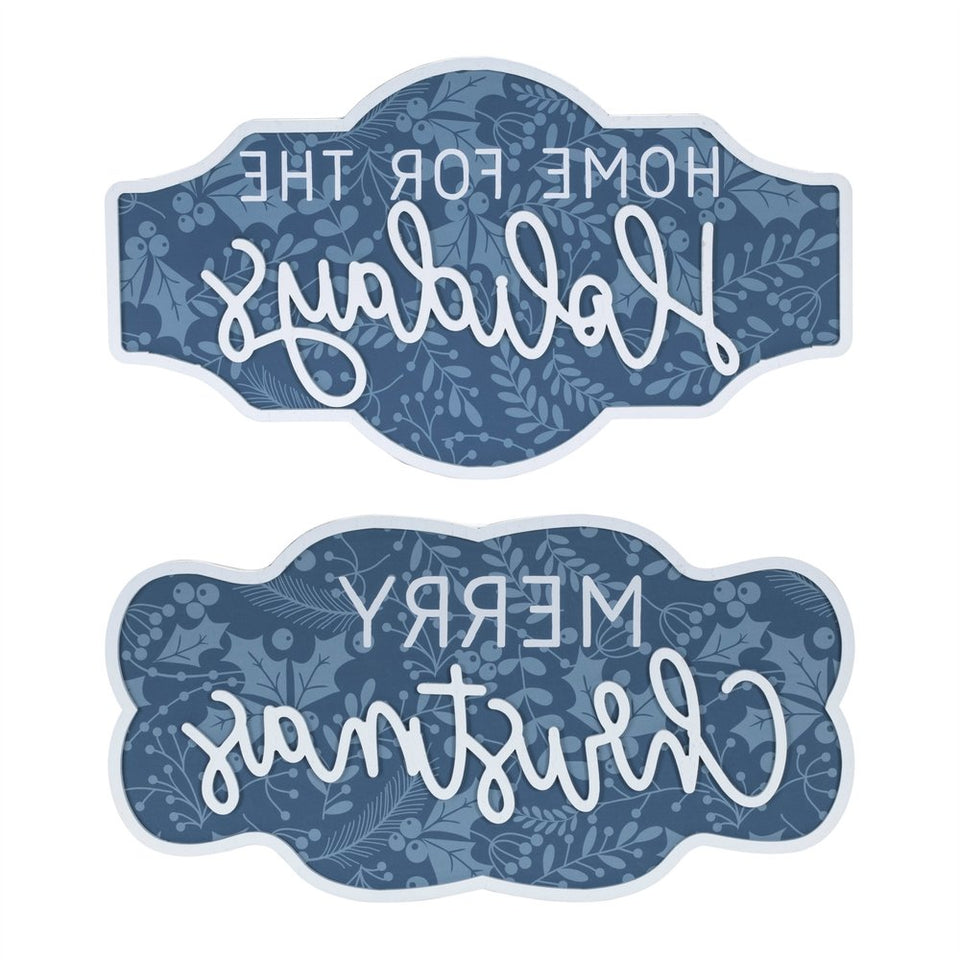 Set of Two Blue And White Christmas Home For The Holidays Wood Wall Decor