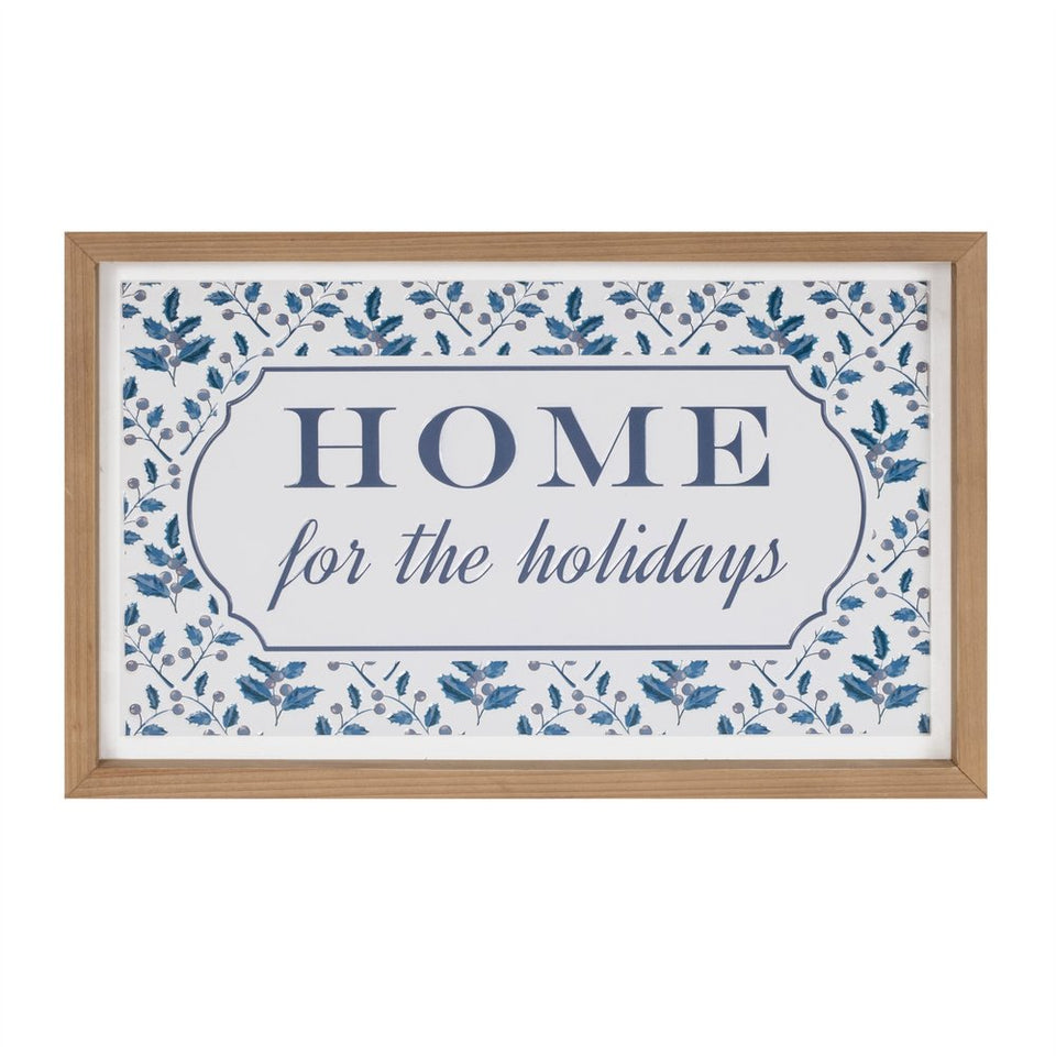 10" X 19" Blue And White Home For The Holidays Wood Framed Art