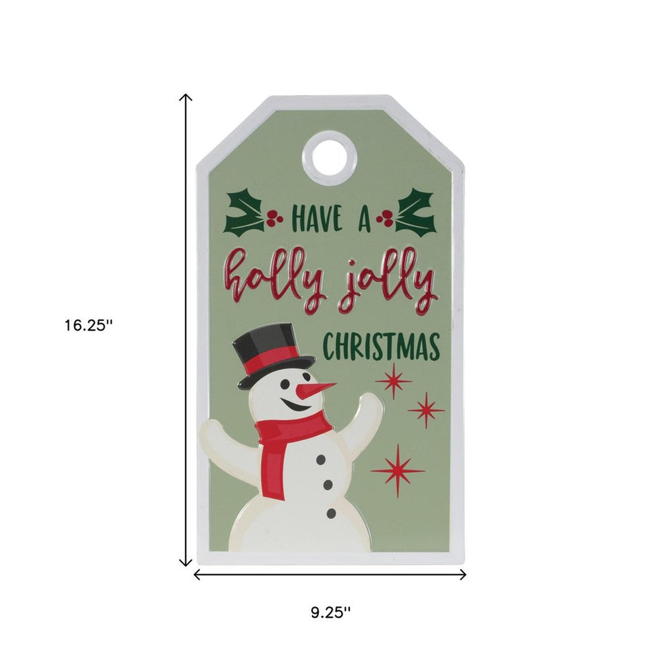 16" X 9" Green And White Metal Christmas Snowman Hanging Wall Decor