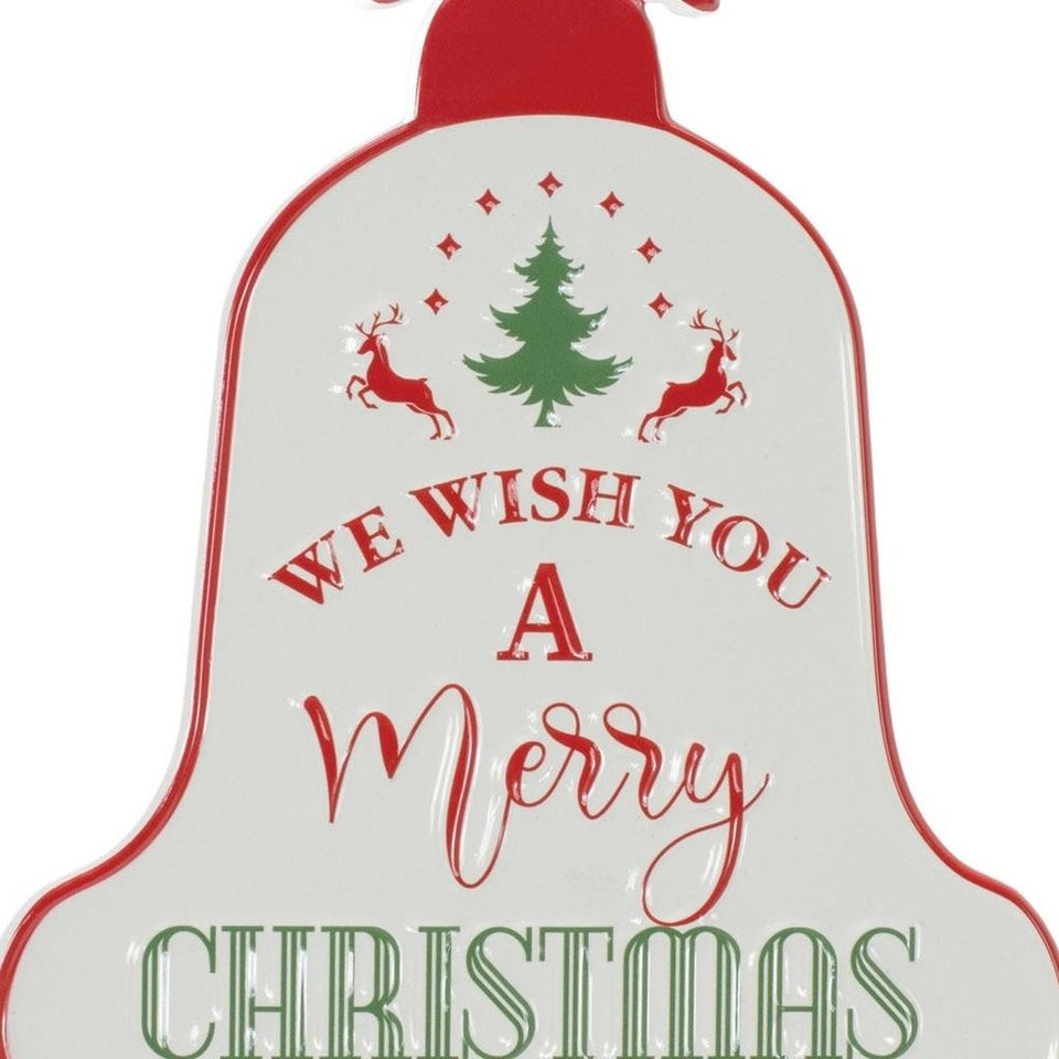 10" X 8" White Red And Green Metal Christmas Bell Hanging Wall Decor