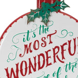 18" X 14" White Green And Red Metal Christmas Ball Hanging Wall Decor