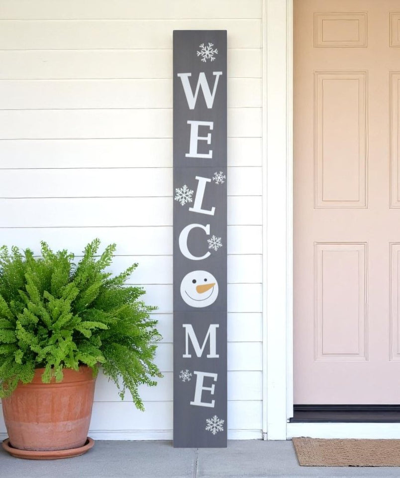 72" Gray And White Solid Wood Welcome Christmas Snowman Porch Sign