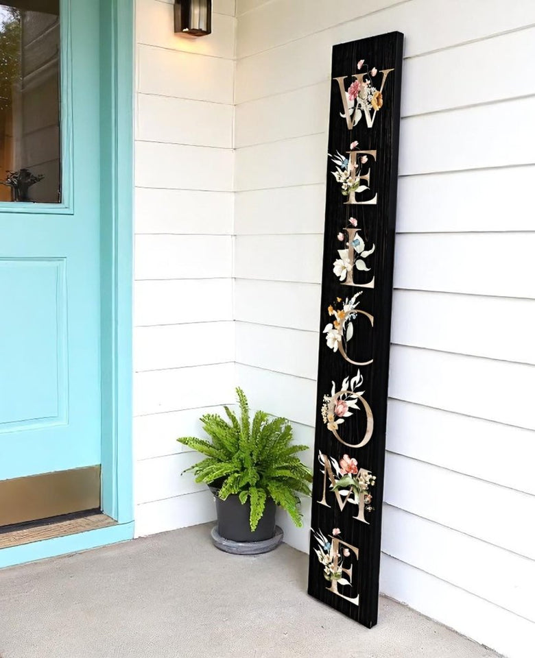 72" Black Solid Wood Floral Welcome Porch Sign