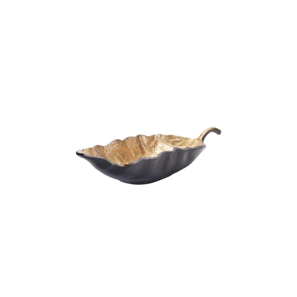 Set of Two 25" Black And Gold Cast Aluminum Rustic Leaf Centerpiece Bowls