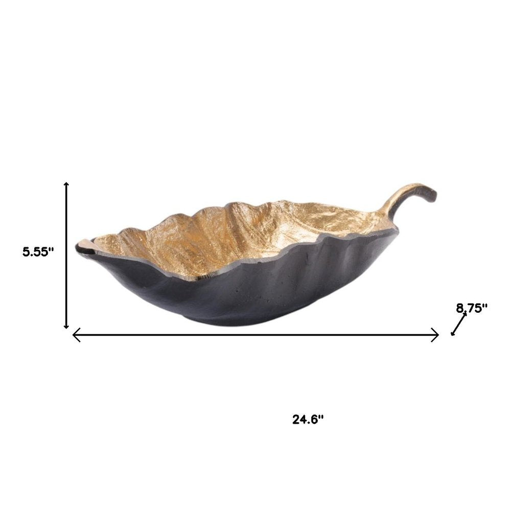 Set of Two 25" Black And Gold Cast Aluminum Rustic Leaf Centerpiece Bowls