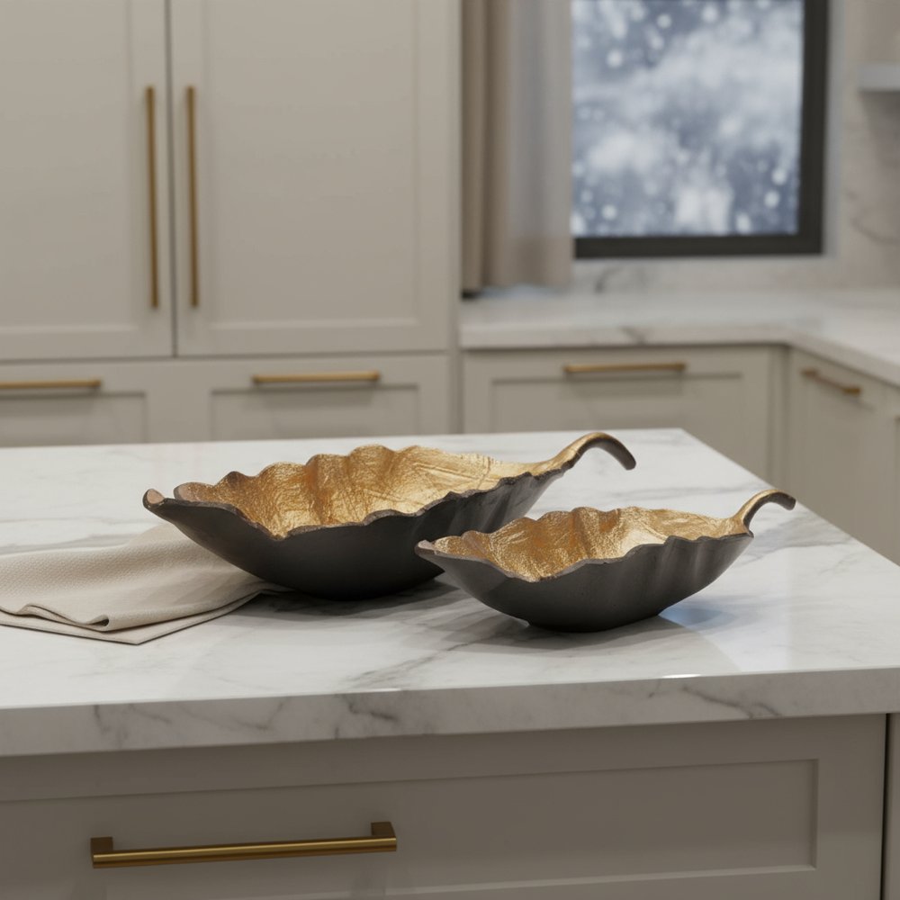 Set of Two 25" Black And Gold Cast Aluminum Rustic Leaf Centerpiece Bowls