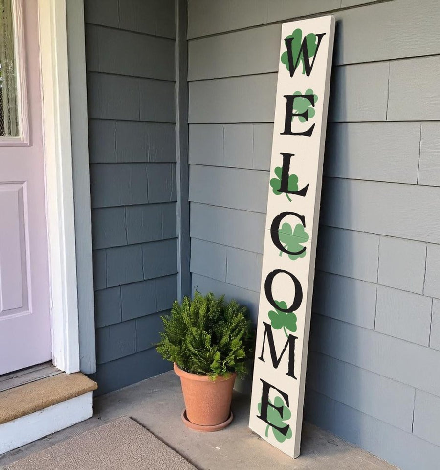72" Off White Black And Green Solid Wood Shamrock Welcome Porch Sign