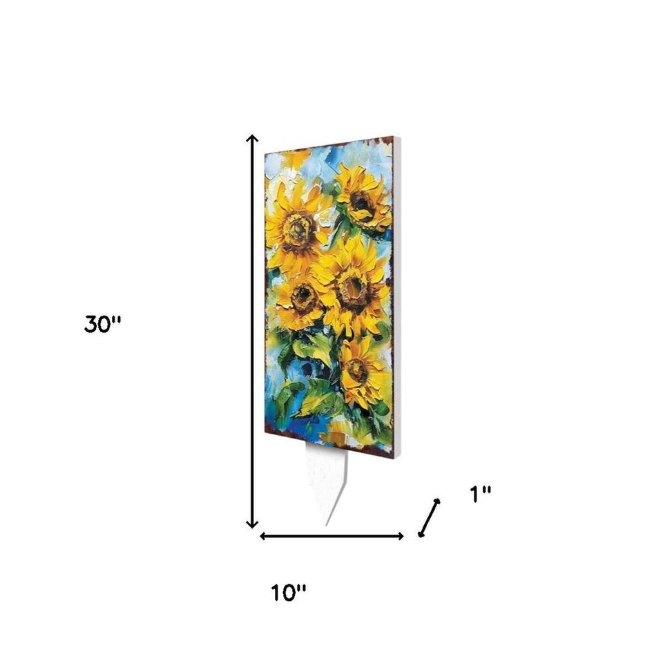 30" Yellow Brown And Green Solid Wood Sunflowers Garden Stake
