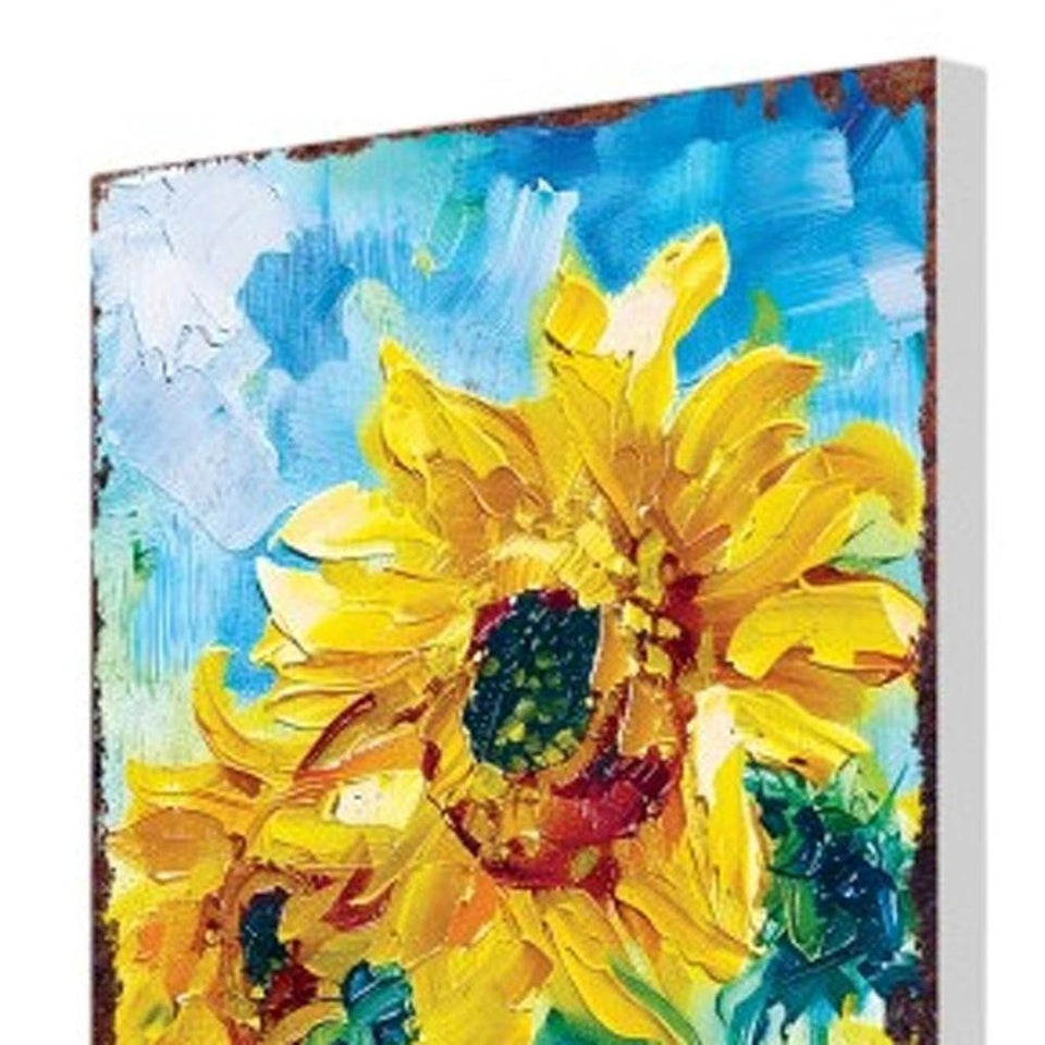 30" Yellow Brown And Green Solid Wood Sunflowers Garden Stake