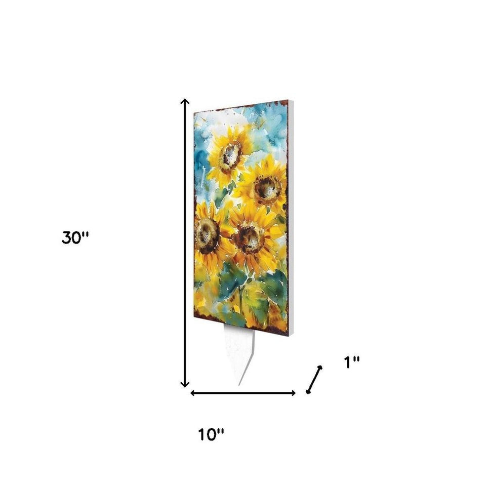 30" Yellow Brown And Blue Solid Wood Sunflowers Garden Stake