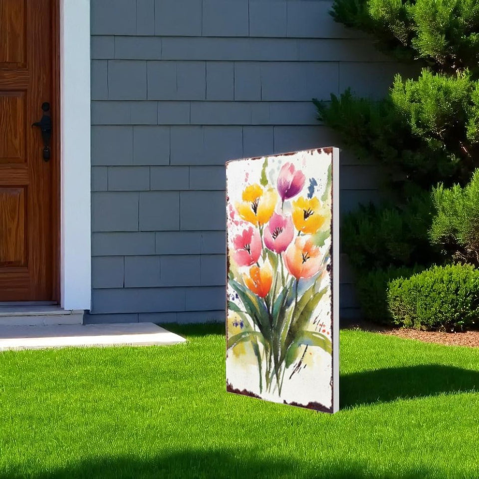 10" Green Pink White And Yellow Solid Wood Tulips Garden Stake