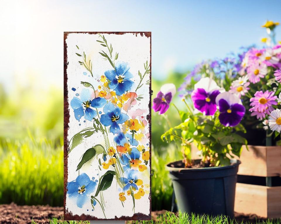 10" Blue White And Yellow Solid Wood Wildflowers Garden Stake