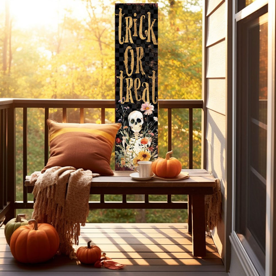 36" Black And Gold Solid Wood Trick or Treat Halloween Skeleton Porch Sign