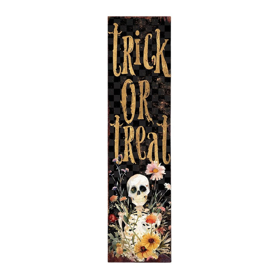 36" Black And Gold Solid Wood Trick or Treat Halloween Skeleton Porch Sign