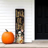 36" Black And Gold Solid Wood Trick or Treat Halloween Skeleton Porch Sign