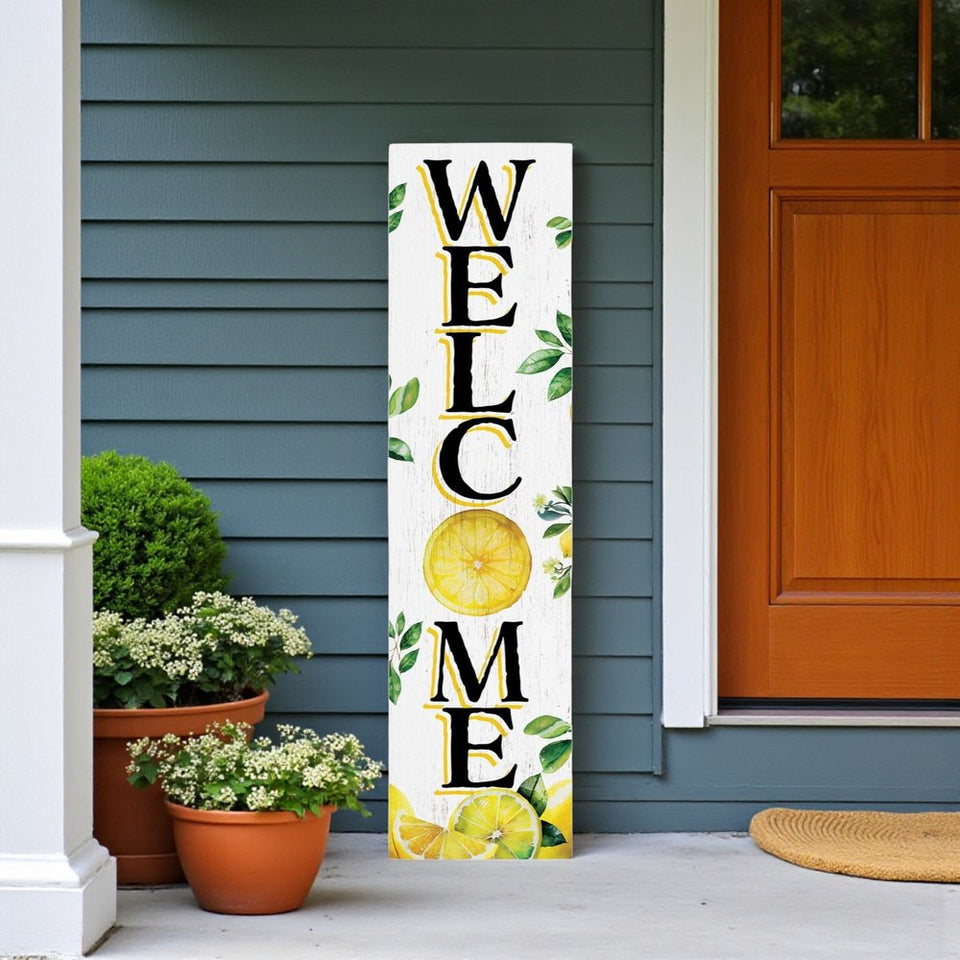 36" White Yellow And Green Solid Wood Welcome Lemon Porch Sign