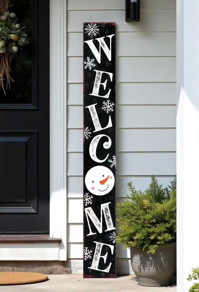 72" Black And White Solid Wood Welcome Snowman Porch Sign