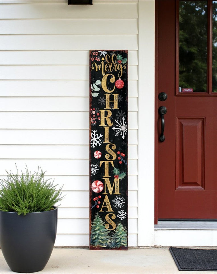 48" Black Gold Green And Red Solid Wood Merry Christmas Porch Sign