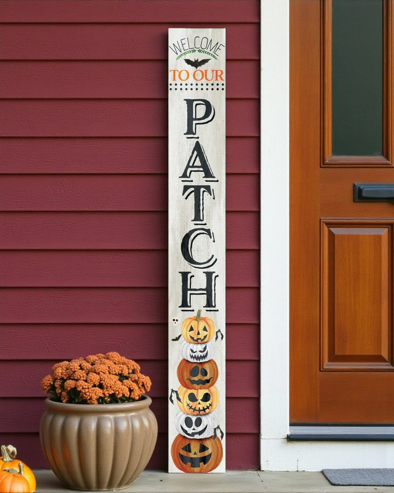 72" Black Orange And White Solid Wood Welcome Halloween Jack-O-Lantern Porch Sign