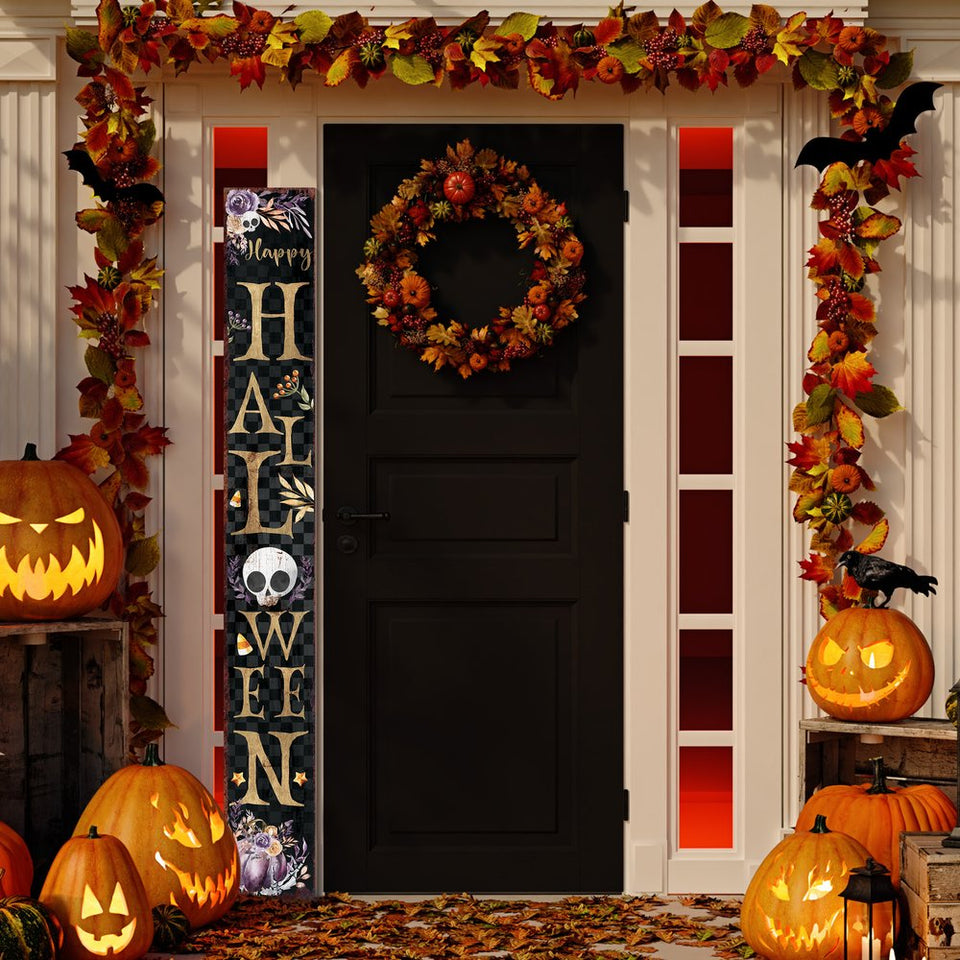 72" Black Gold And Purple Solid Wood Halloween Halloween Skull Porch Sign