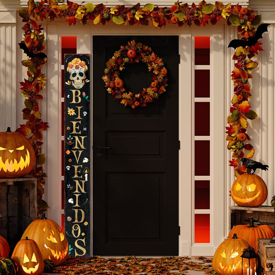 72" Black Gold And Orange Solid Wood Bienvenidos Skull Porch Sign