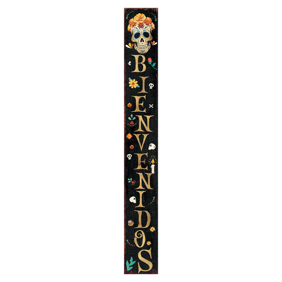 72" Black Gold And Orange Solid Wood Bienvenidos Skull Porch Sign