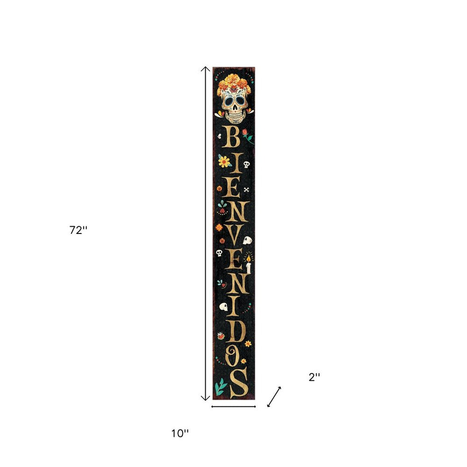 72" Black Gold And Orange Solid Wood Bienvenidos Skull Porch Sign