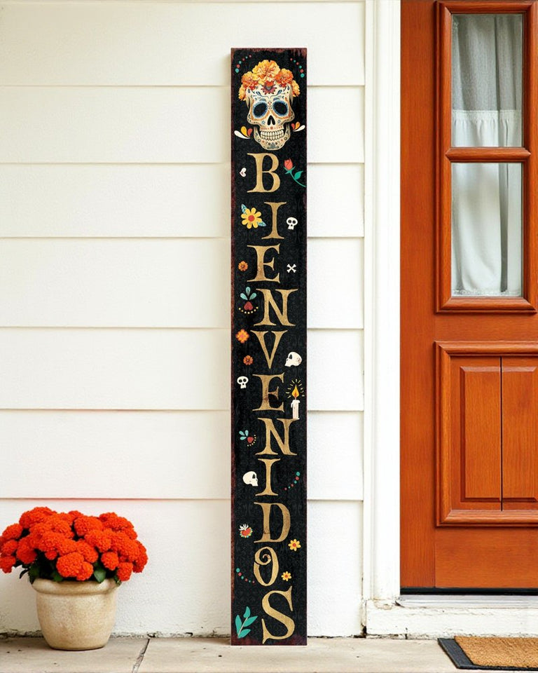 72" Black Gold And Orange Solid Wood Bienvenidos Skull Porch Sign