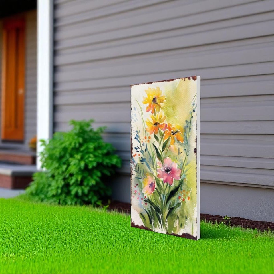 30" Green Pink White And Yellow Solid Wood Wildflowers Garden Stake