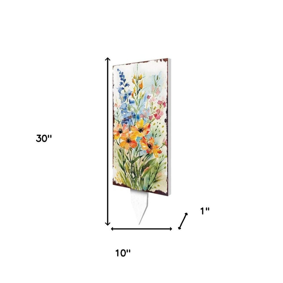 30" Blue Pink White And Yellow Solid Wood Watercolor Floral Garden Stake