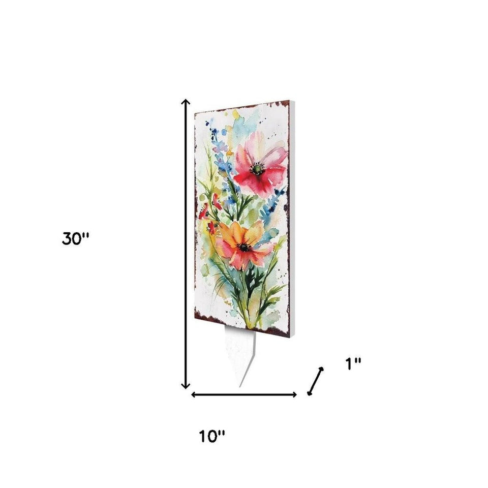 30" Blue Green Pink And White Solid Wood Watercolor Floral Garden Stake