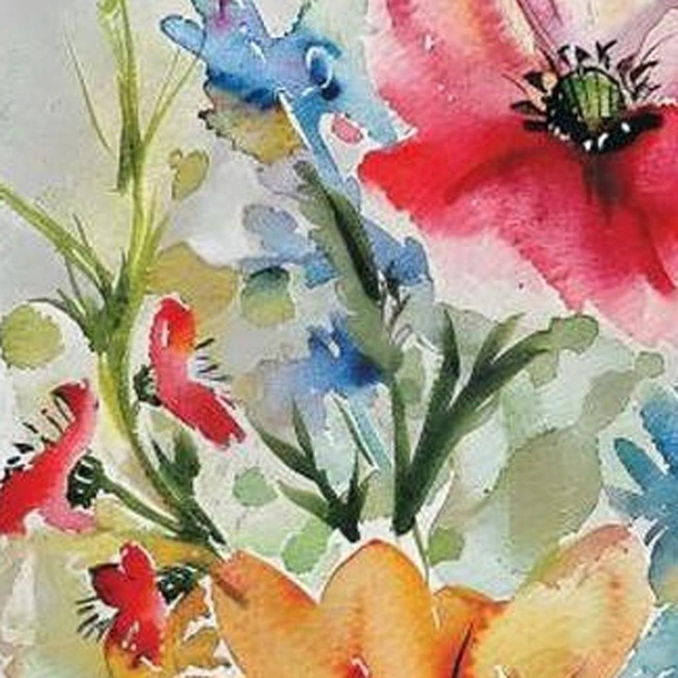 30" Blue Green Pink And White Solid Wood Watercolor Floral Garden Stake