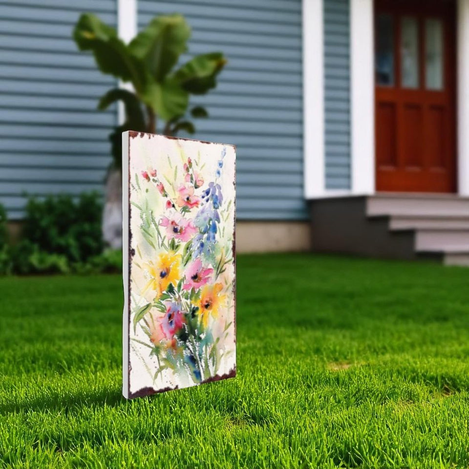 30" Blue Pink White And Yellow Solid Wood Wildflowers Garden Stake