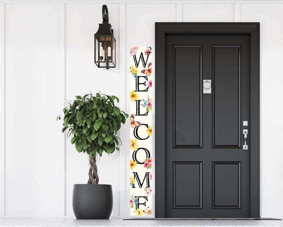 72" White Black And Pink Solid Wood Watercolor Floral Welcome Porch Sign