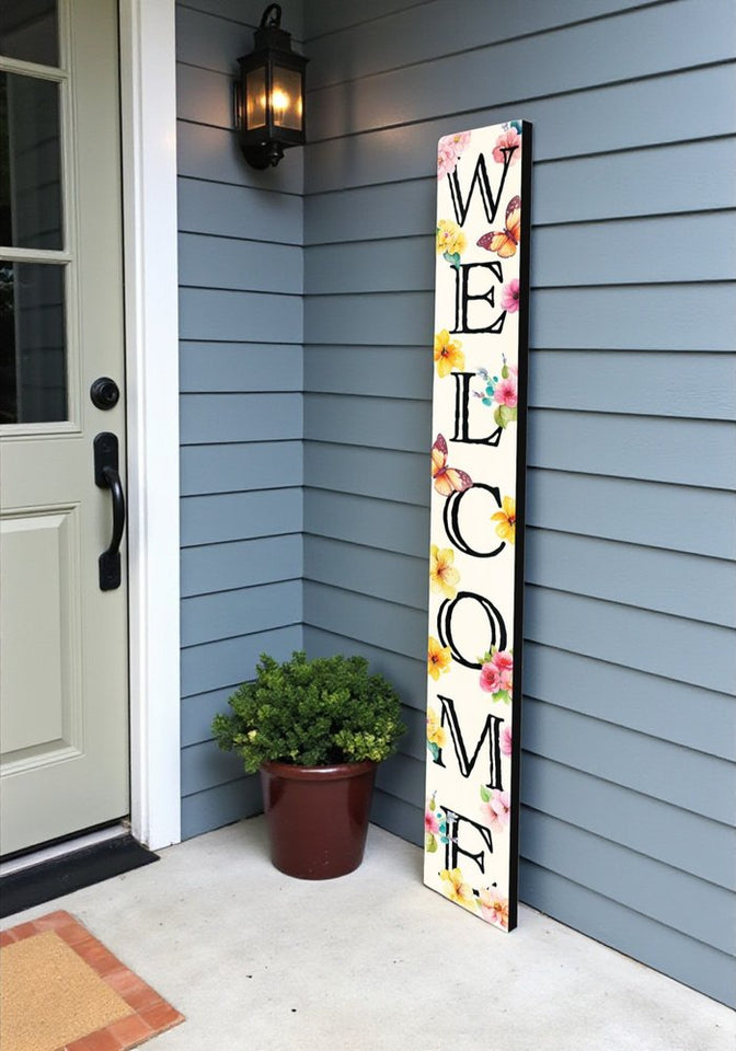 72" White Black And Pink Solid Wood Watercolor Floral Welcome Porch Sign