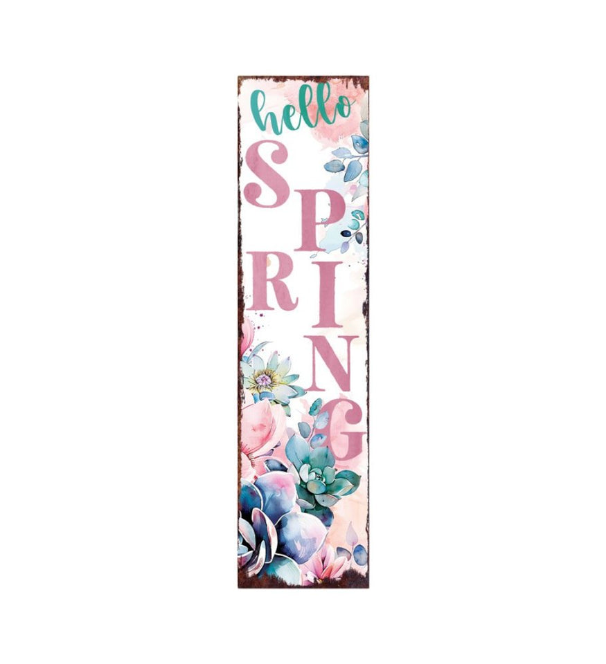 36" White Pink And Blue Solid Wood Floral Bouquet Hello Spring Porch Sign