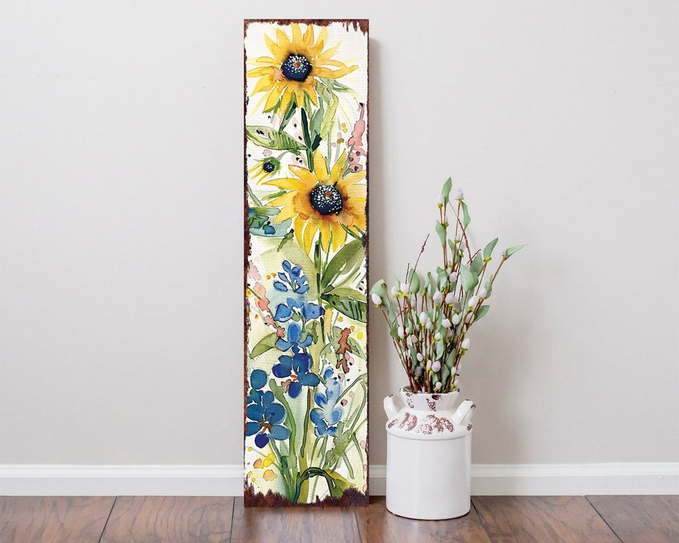 36" White Yellow And Blue Green Solid Wood Watercolor Floral Porch Sign