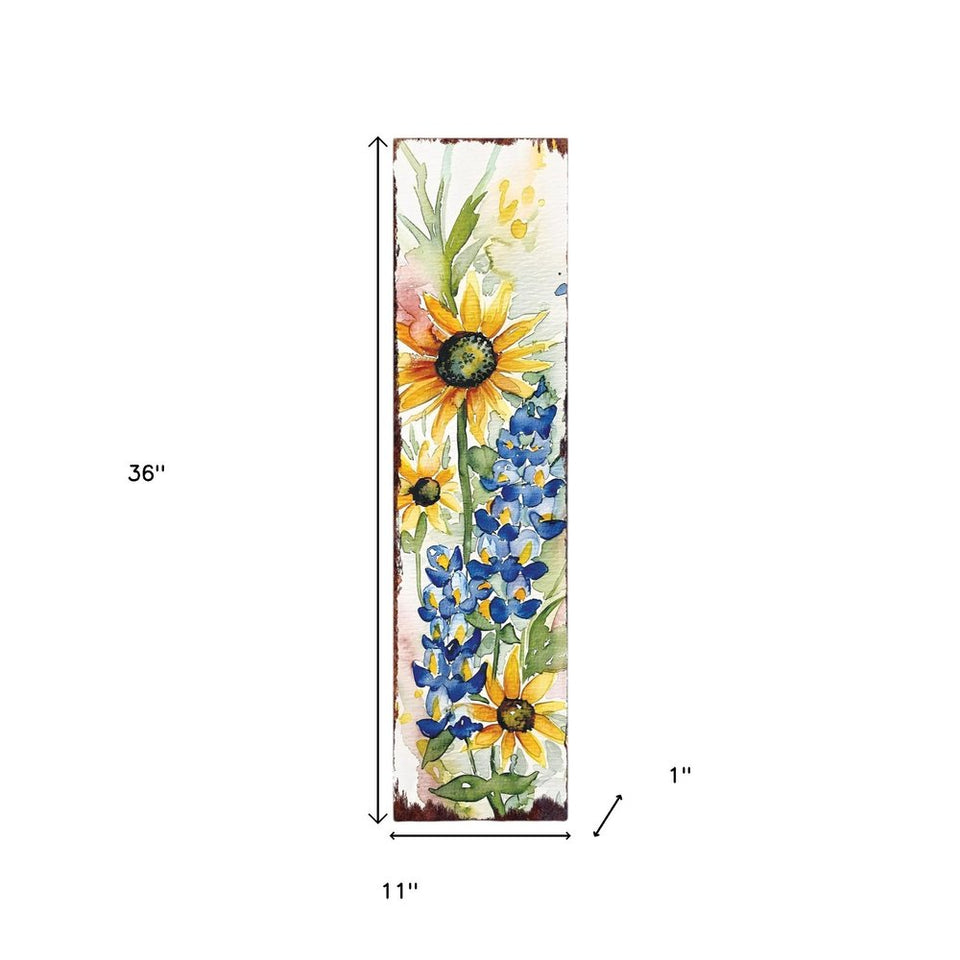 36" White Yellow Blue And Green Solid Wood Sunflower and Wildflowers Porch Sign