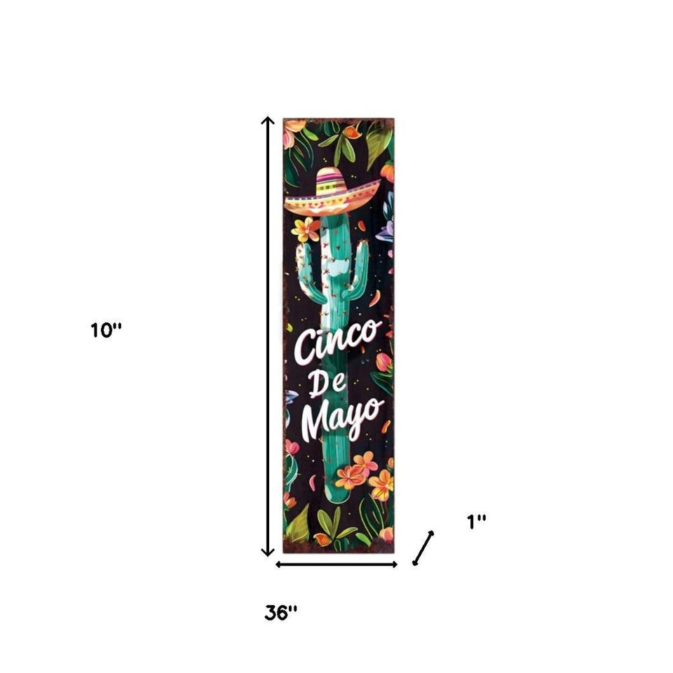 36" Black And Green Solid Wood Cinco de Mayo Cactus Porch Sign