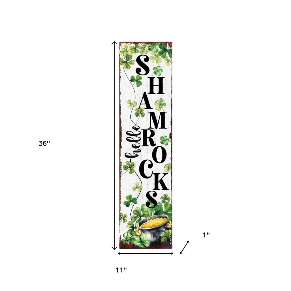 36" Gold Green And White Solid Wood Hello St Patrick's Day Shamrock Porch Sign