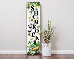 36" Gold Green And White Solid Wood Hello St Patrick's Day Shamrock Porch Sign
