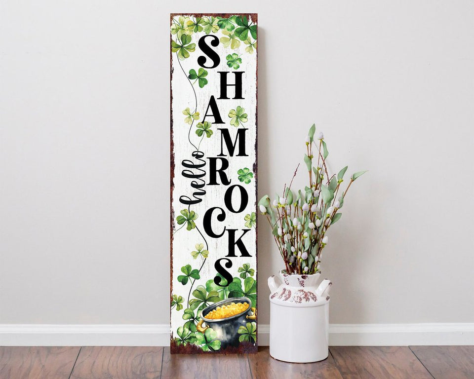 36" Gold Green And White Solid Wood Hello St Patrick's Day Shamrock Porch Sign