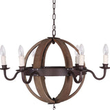 Brown And Black Wood and Metal Sphere Six Light Dimmable Chandelier
