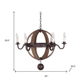 Brown And Black Wood and Metal Sphere Six Light Dimmable Chandelier