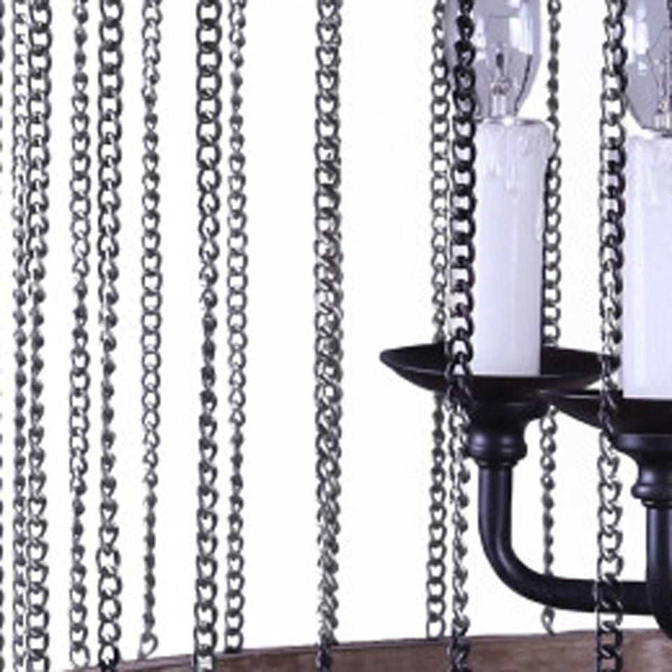 Black And Natural Wood and Metal Cylinder Six Light Dimmable Chandelier